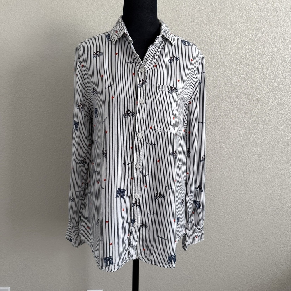beach lunch lounge Top Blouse Button Up Stripe Paris Vacation Summer Bicycles
